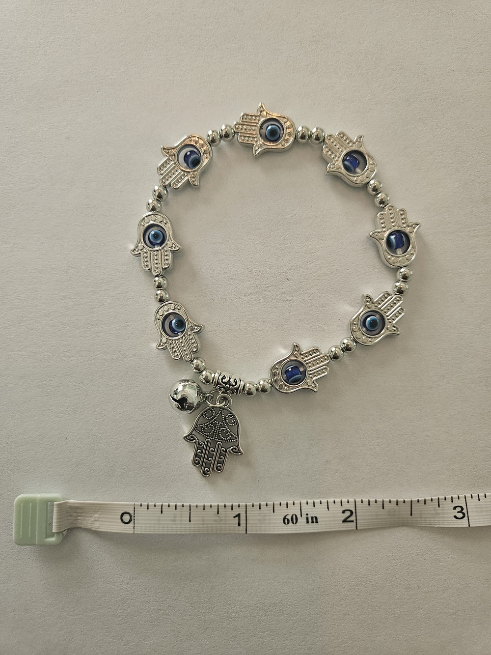 NWT Silver Hamsa Bracelet with Blue Evil Eye Charm Feminine Bohemian Preppy - Picture 4 of 5